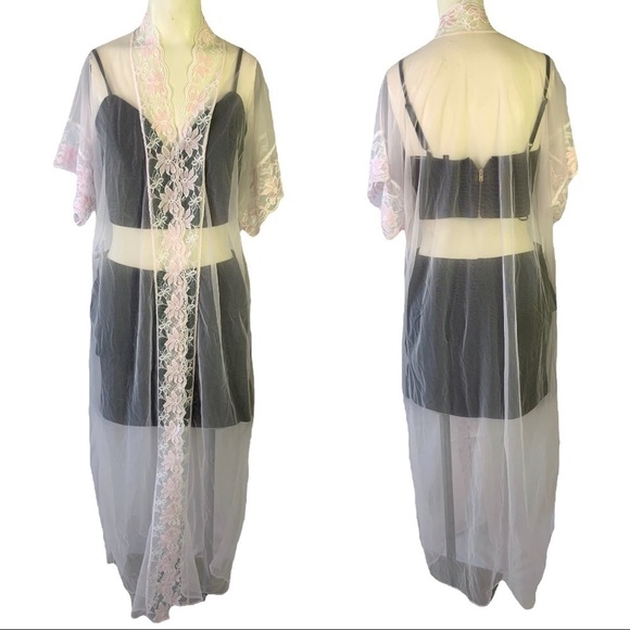 LADY CAMEO PINK LACE NIGHTWEAR LONG SHEER ROMANTIC ROBE VINTAGE  WOMEN LARGE - Picture 1 of 16